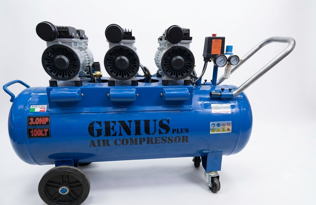100lt, 3.0 HP, Oilless & Silent, Single Phase With Oil-Water Separator, Two Metal Guages 8 Bar