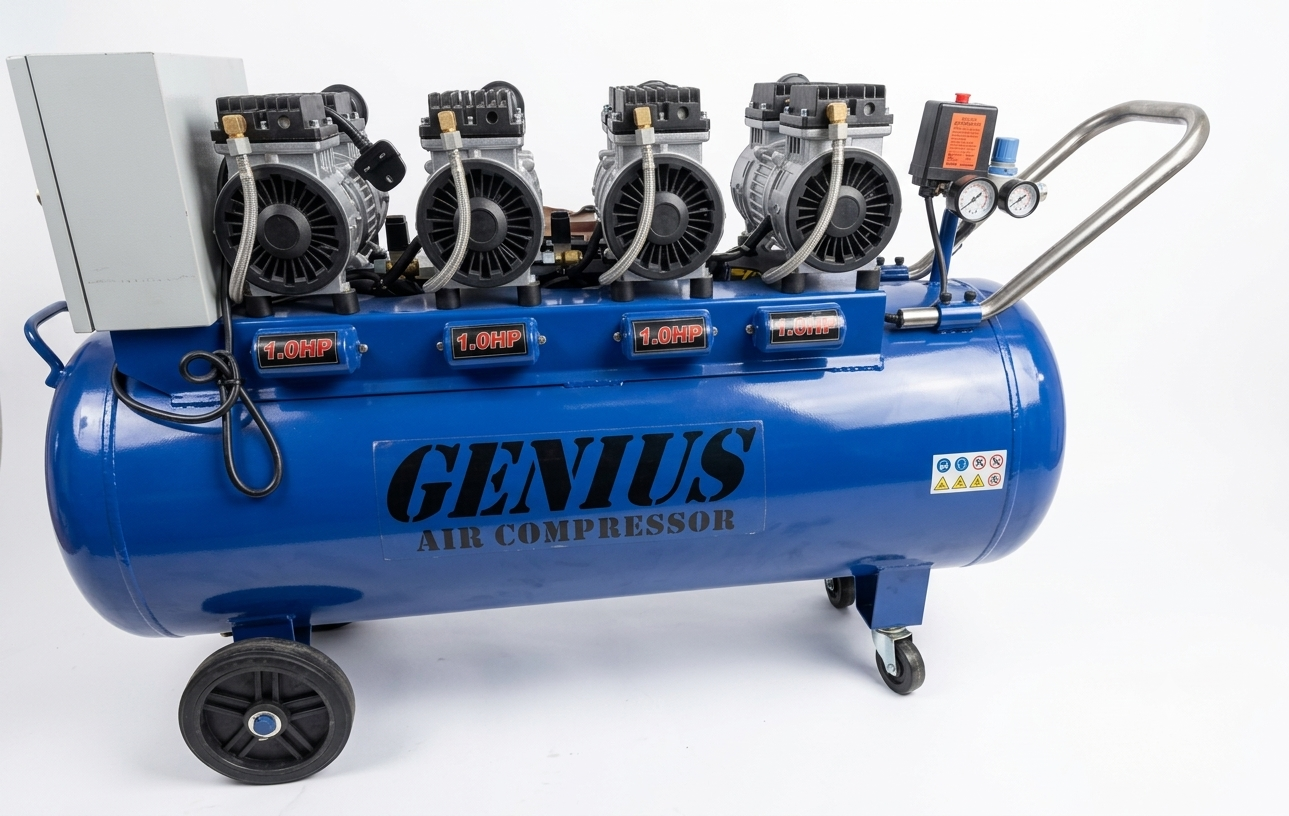 150lt, 6.0HP, Oilless & Silent, Single Phase With Oil-Water Separator, Two Metal Guages, With A Control Box 8 Bar