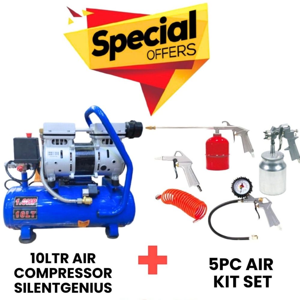 10ltr air compressor + 5pc air kit set